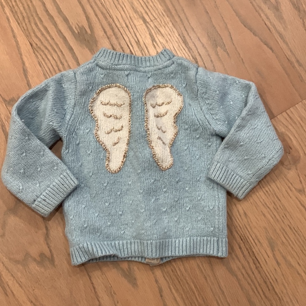 Baby Boden cardigan cable knit sweater, gold embroidered wings, size 12-18M EUC